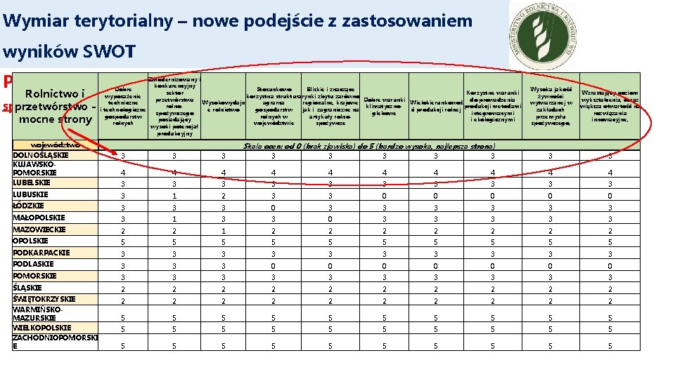 Wymiar terytorialny – nowe podejście z zastosowaniem wyników SWOT Przykład – poziom województwa -