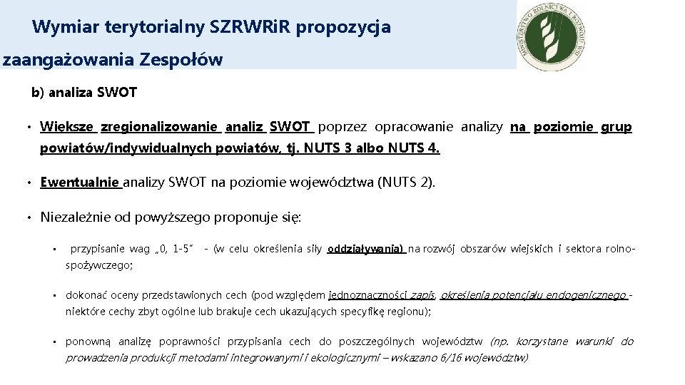 Wymiar terytorialny SZRWRi. R propozycja zaangażowania Zespołów b) analiza SWOT • Większe zregionalizowanie analiz