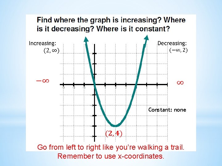  Constant: none Go from left to right like you’re walking a trail. Remember