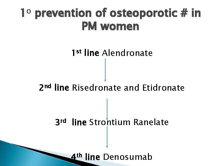 1 o prevention of osteoporotic # in PM women 1 st line Alendronate 2