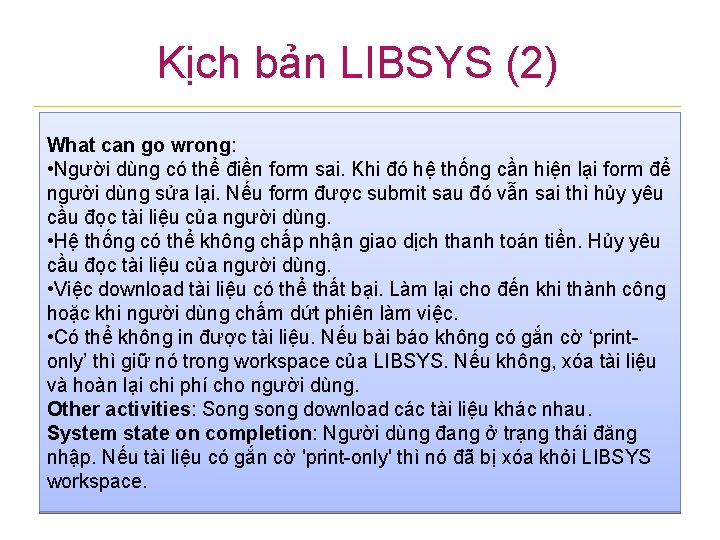 Kịch bản LIBSYS (2) What can go wrong: • Người dùng có thể điền