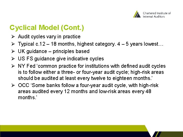 Cyclical Model (Cont. ) Ø Ø Ø Audit cycles vary in practice Typical c.