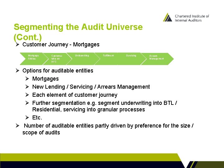 Segmenting the Audit Universe (Cont. ) Ø Customer Journey - Mortgages Mortgage Advice Customer