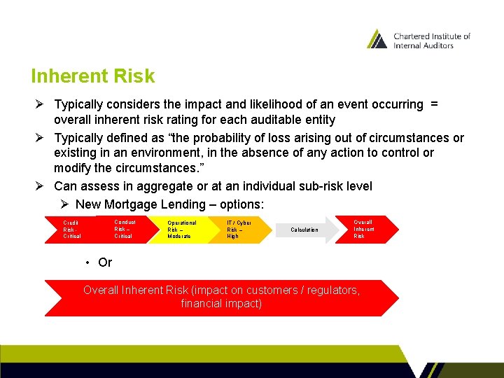 Inherent Risk Ø Typically considers the impact and likelihood of an event occurring =
