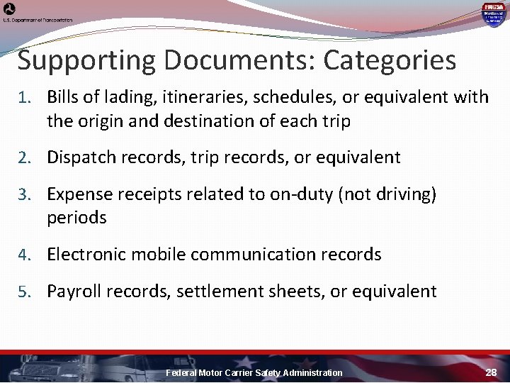 Supporting Documents: Categories 1. Bills of lading, itineraries, schedules, or equivalent with the origin