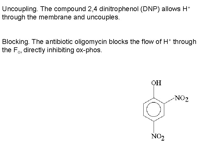 Uncoupling. The compound 2, 4 dinitrophenol (DNP) allows H+ through the membrane and uncouples. Uncoupling. The compound 2, 4 dinitrophenol (DNP) allows H+ through the membrane and uncouples.