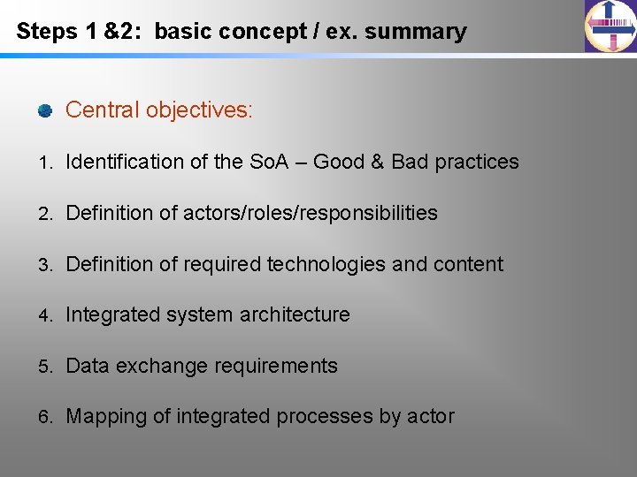 Steps 1 &2: basic concept / ex. summary Central objectives: 1. Identification of the