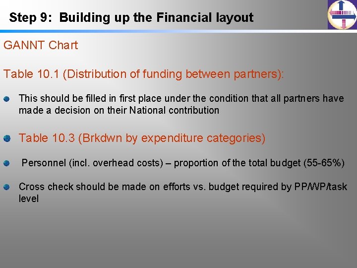 Step 9: Building up the Financial layout GANNT Chart Table 10. 1 (Distribution of
