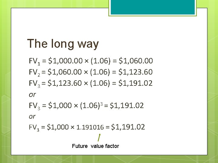 The long way FV 1 = $1, 000. 00 × (1. 06) = $1,