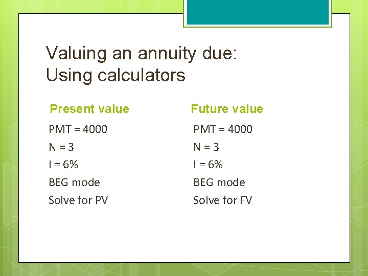 Valuing an annuity due: Using calculators Present value Future value PMT = 4000 N