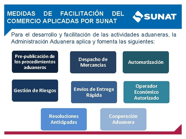 MEDIDAS DE FACILITACIÓN DEL COMERCIO APLICADAS POR SUNAT Para el desarrollo y facilitación de