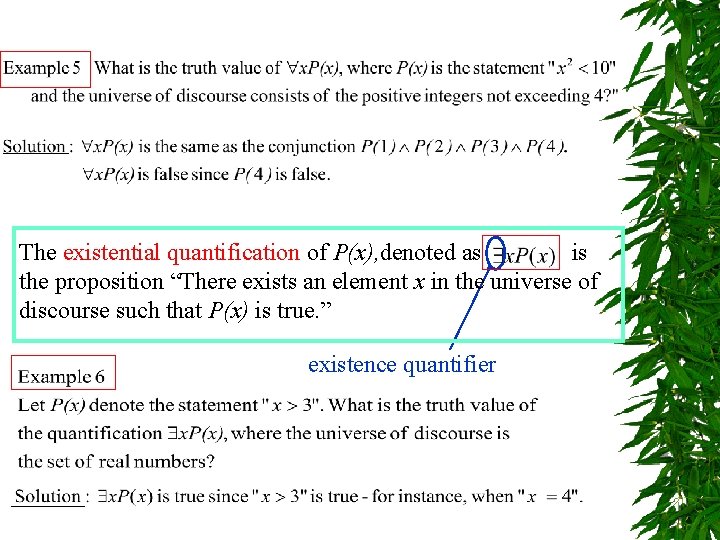 The existential quantification of P(x), denoted as is the proposition “There exists an element