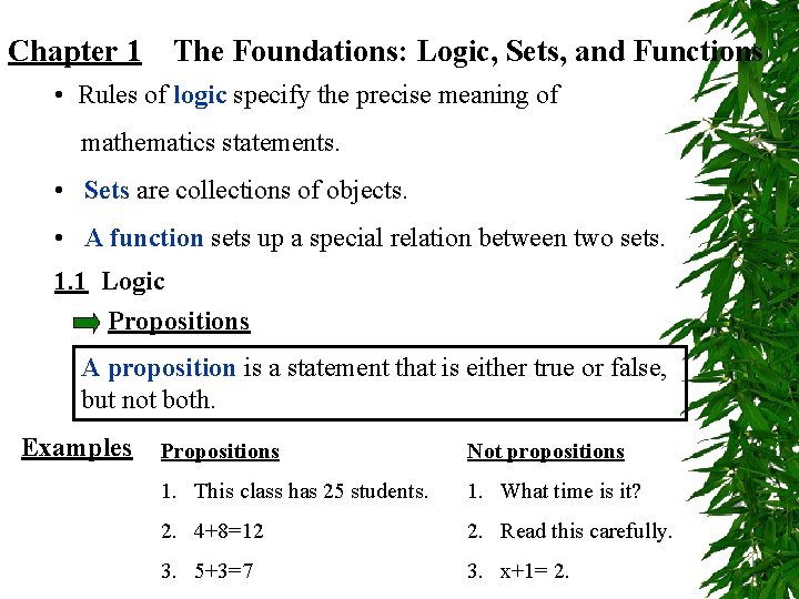 Chapter 1 The Foundations: Logic, Sets, and Functions • Rules of logic specify the