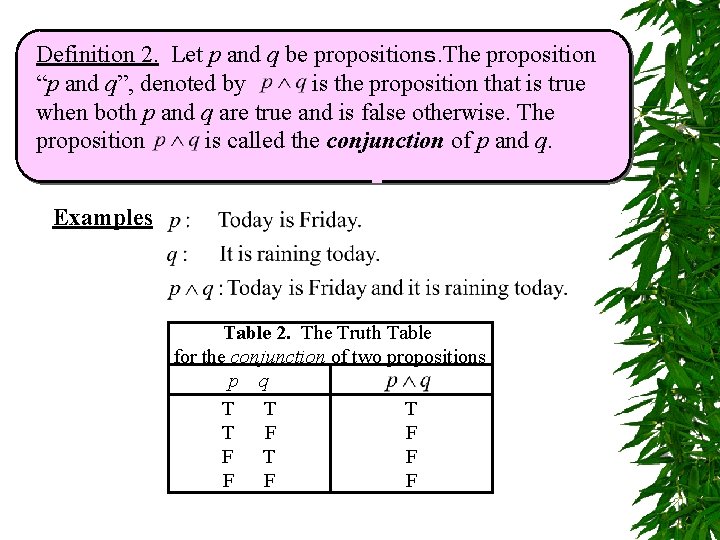 Definition 2. Let p and q be propositionｓ. The proposition “p and q”, denoted