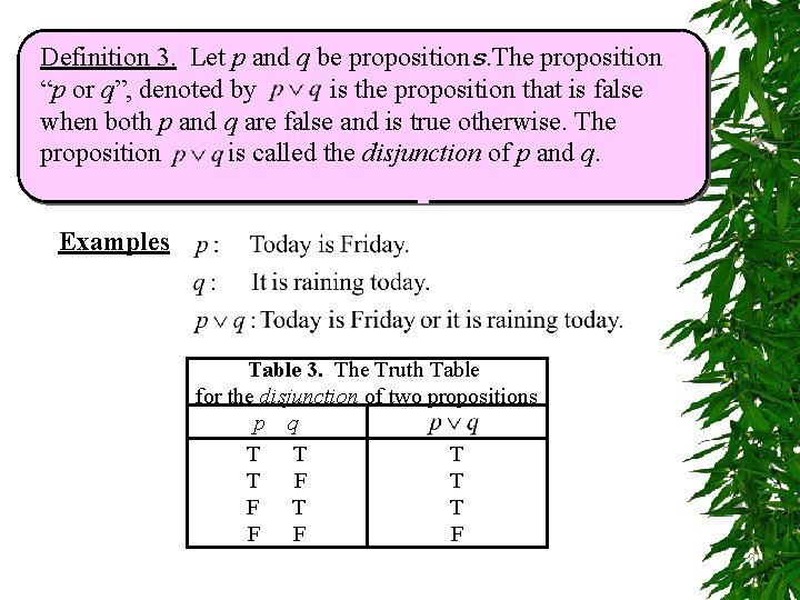 Definition 3. Let p and q be propositionｓ. The proposition “p or q”, denoted