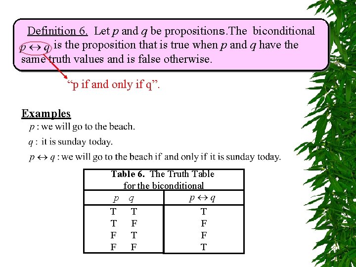 Definition 6. Let p and q be propositionｓ. The biconditional is the proposition that