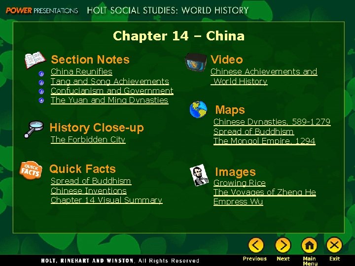 Chapter 14 – China Section Notes Video China Reunifies Tang and Song Achievements Confucianism