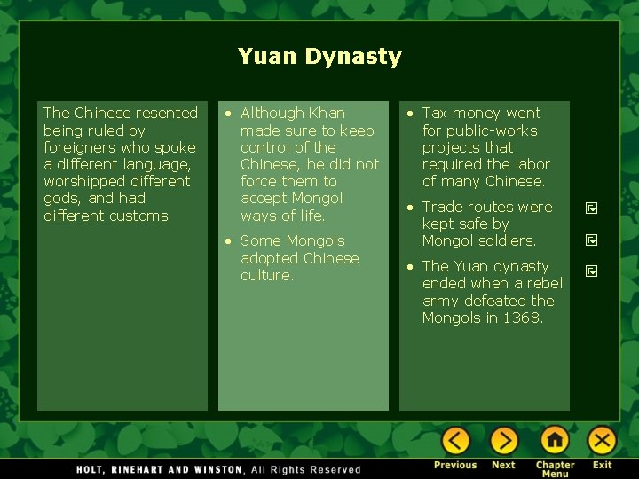 Yuan Dynasty The Chinese resented being ruled by foreigners who spoke a different language,