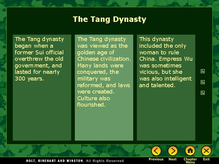 The Tang Dynasty The Tang dynasty began when a former Sui official overthrew the