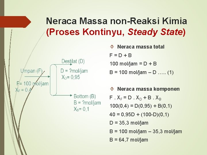 Neraca Massa non-Reaksi Kimia (Proses Kontinyu, Steady State) Neraca massa total F = D