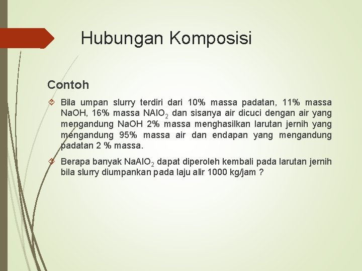 Hubungan Komposisi Contoh Bila umpan slurry terdiri dari 10% massa padatan, 11% massa Na.