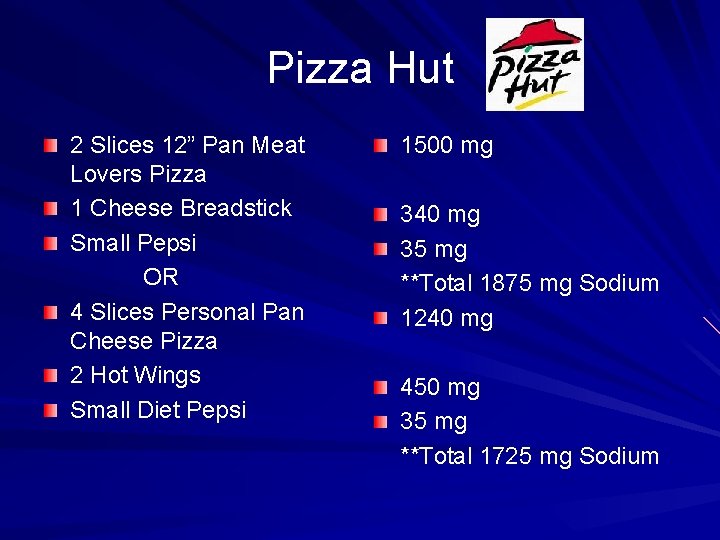 Pizza Hut 2 Slices 12” Pan Meat Lovers Pizza 1 Cheese Breadstick Small Pepsi