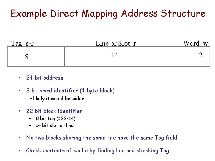 Example Direct Mapping Address Structure Tag s-r Line or Slot r 14 8 •