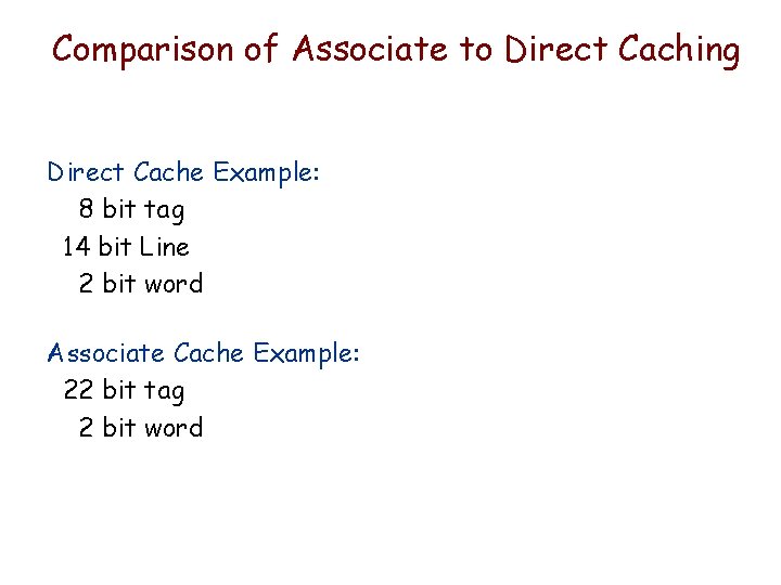 Comparison of Associate to Direct Caching Direct Cache Example: 8 bit tag 14 bit