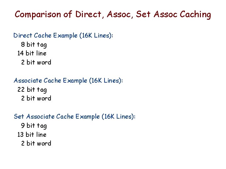 Comparison of Direct, Assoc, Set Assoc Caching Direct Cache Example (16 K Lines): 8