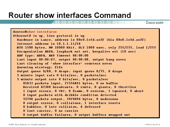 Show Interfaces Command 2003 Cisco Systems Inc All rights reserved Module
