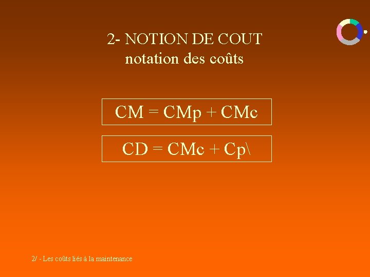 2 - NOTION DE COUT notation des coûts CM = CMp + CMc CD 2 - NOTION DE COUT notation des coûts CM = CMp + CMc CD