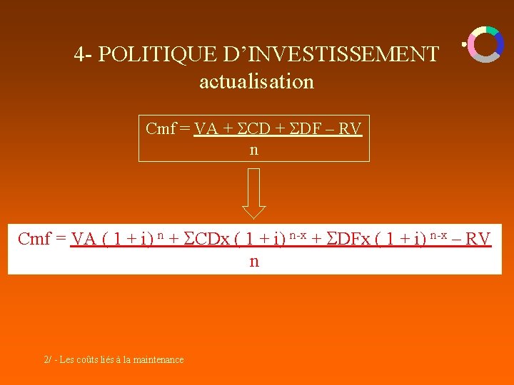 4 - POLITIQUE D’INVESTISSEMENT actualisation Cmf = VA + CD + DF – RV 4 - POLITIQUE D’INVESTISSEMENT actualisation Cmf = VA + CD + DF – RV