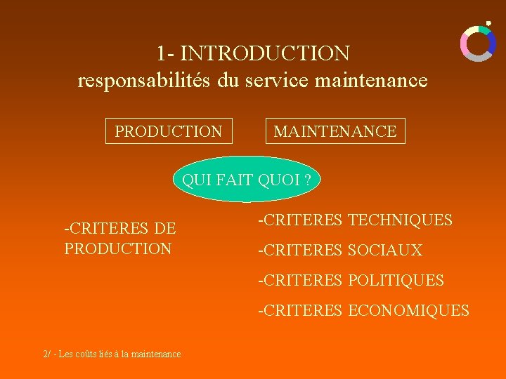 1 - INTRODUCTION responsabilités du service maintenance PRODUCTION MAINTENANCE QUI FAIT QUOI ? -CRITERES 1 - INTRODUCTION responsabilités du service maintenance PRODUCTION MAINTENANCE QUI FAIT QUOI ? -CRITERES