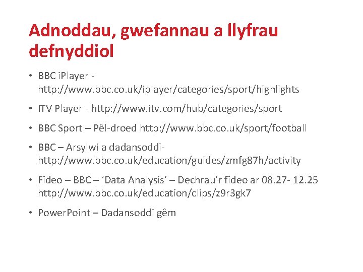 Adnoddau, gwefannau a llyfrau defnyddiol • BBC i. Player http: //www. bbc. co. uk/iplayer/categories/sport/highlights