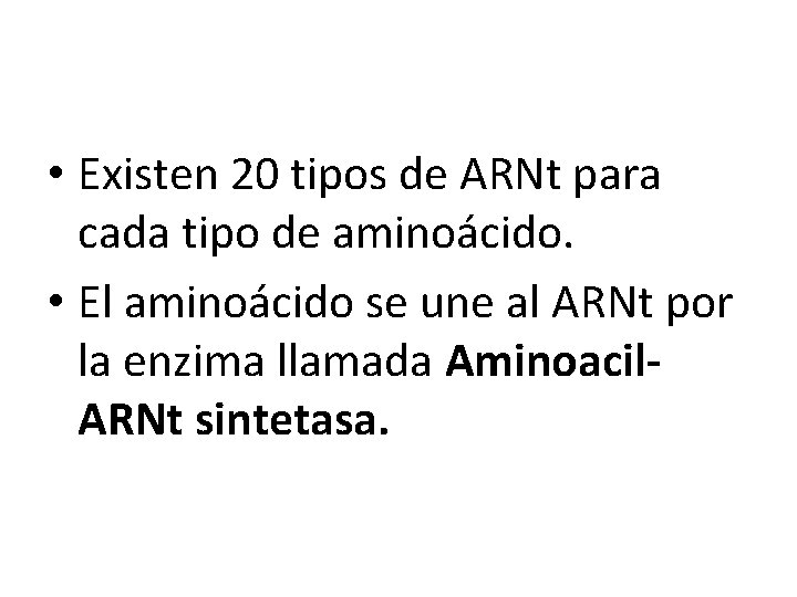  • Existen 20 tipos de ARNt para cada tipo de aminoácido. • El