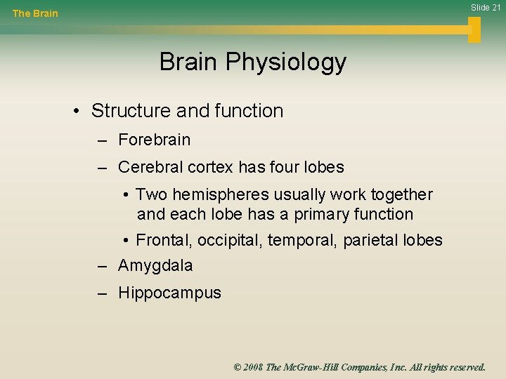 Slide 21 The Brain Physiology • Structure and function – Forebrain – Cerebral cortex