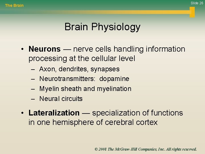 Slide 26 The Brain Physiology • Neurons — nerve cells handling information processing at