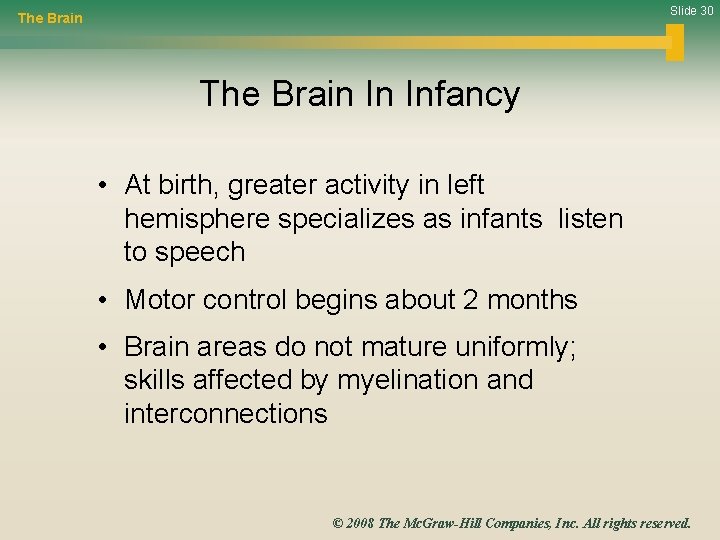 Slide 30 The Brain In Infancy • At birth, greater activity in left hemisphere