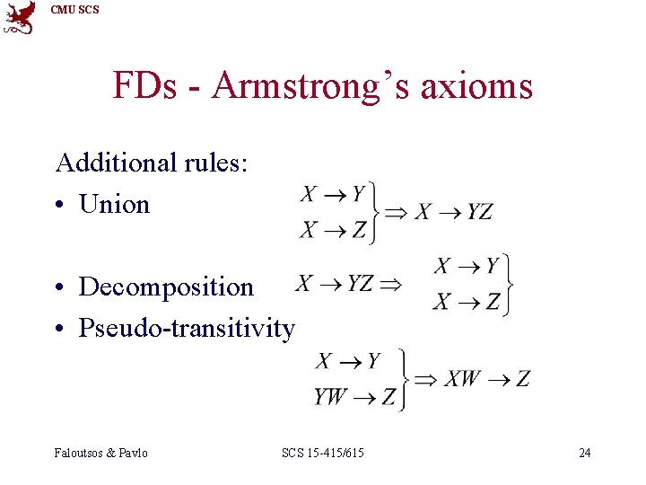 CMU SCS FDs - Armstrong’s axioms Additional rules: • Union • Decomposition • Pseudo-transitivity