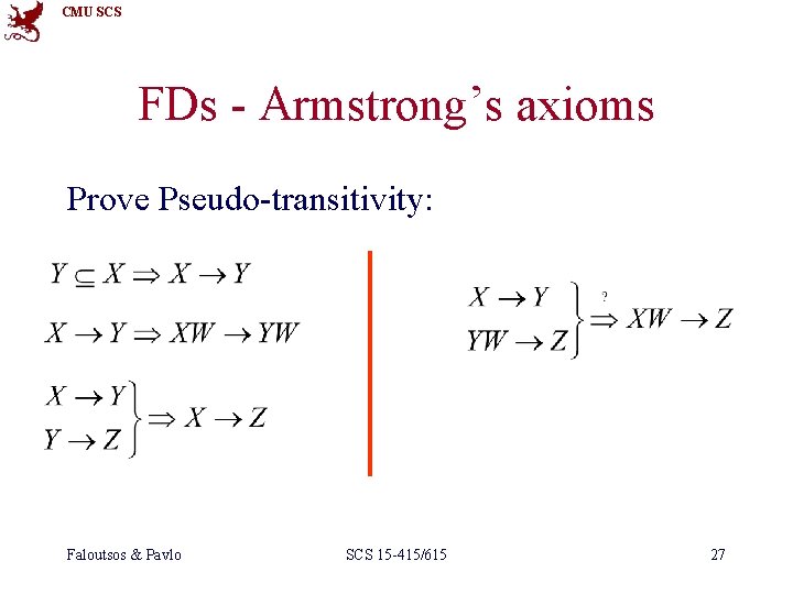 CMU SCS FDs - Armstrong’s axioms Prove Pseudo-transitivity: Faloutsos & Pavlo SCS 15 -415/615