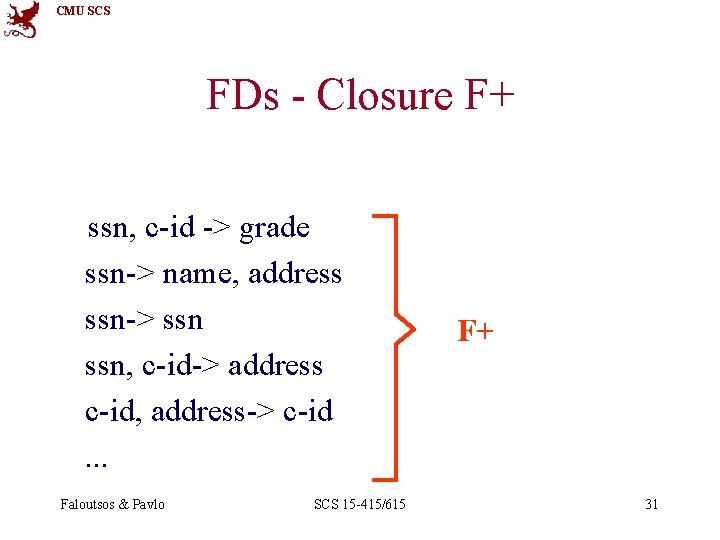 CMU SCS FDs - Closure F+ ssn, c-id -> grade ssn-> name, address ssn->