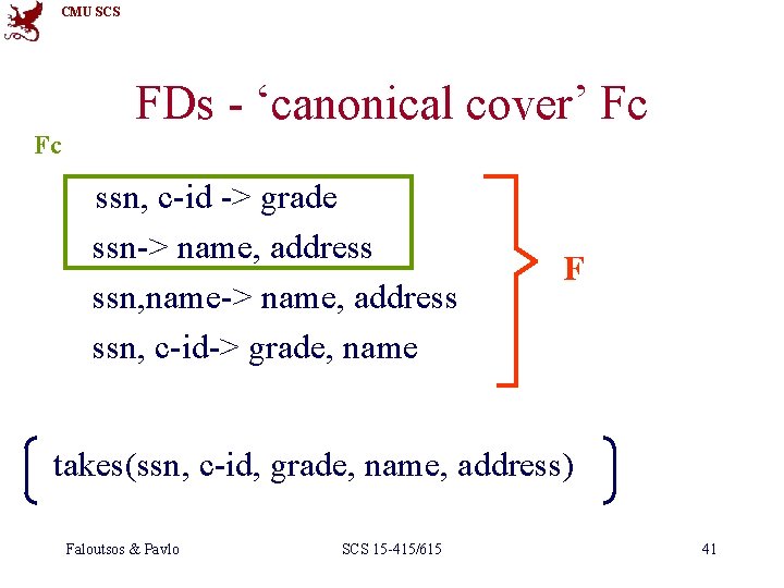 CMU SCS FDs - ‘canonical cover’ Fc Fc ssn, c-id -> grade ssn-> name,