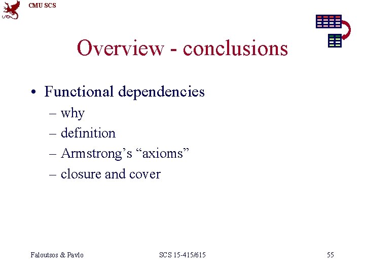 CMU SCS Overview - conclusions • Functional dependencies – why – definition – Armstrong’s