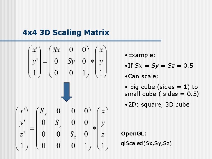 4 x 4 3 D Scaling Matrix • Example: • If Sx = Sy