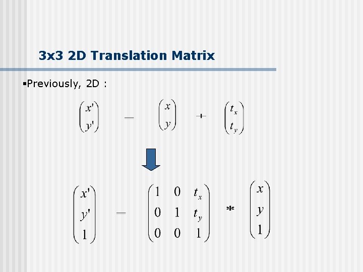 3 x 3 2 D Translation Matrix §Previously, 2 D : 