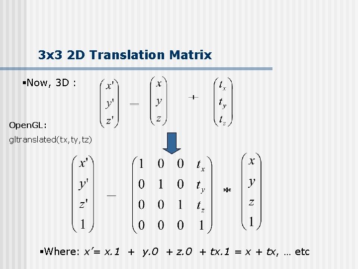3 x 3 2 D Translation Matrix §Now, 3 D : Open. GL: gltranslated(tx,