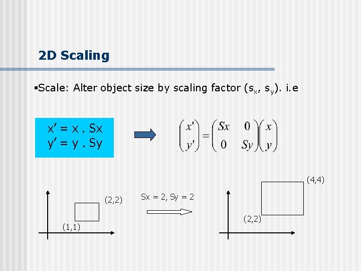 2 D Scaling §Scale: Alter object size by scaling factor (sx, sy). i. e
