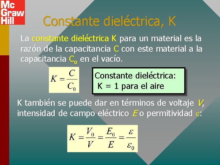 Constante dieléctrica, K La constante dieléctrica K para un material es la razón de