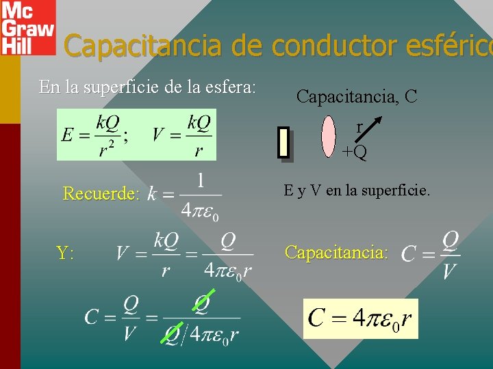 Capacitancia de conductor esférico En la superficie de la esfera: Capacitancia, C r +Q