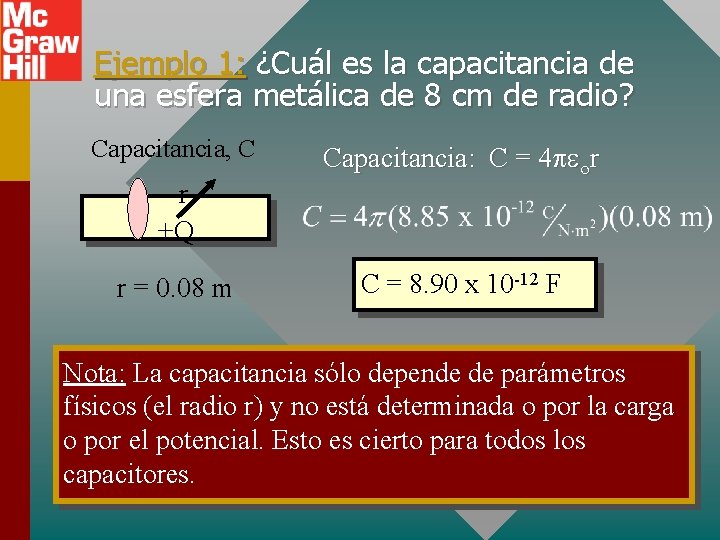 Ejemplo 1: ¿Cuál es la capacitancia de una esfera metálica de 8 cm de